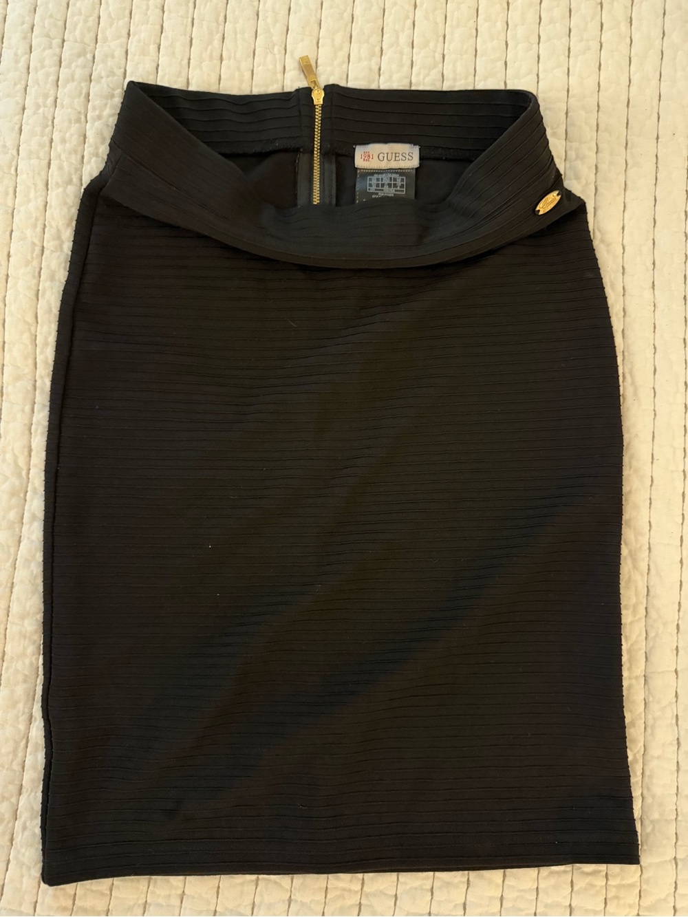 GUESS Black Ribbed Pencil Skirt with Gold Zip Detail